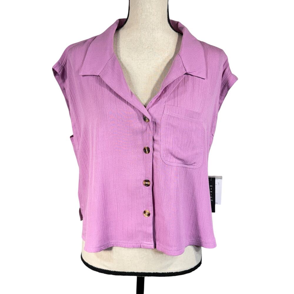 O’Neill X-Small Boxy Top Button-Up V-Neck Crinkle Dolman Sleeve Pocket Collared